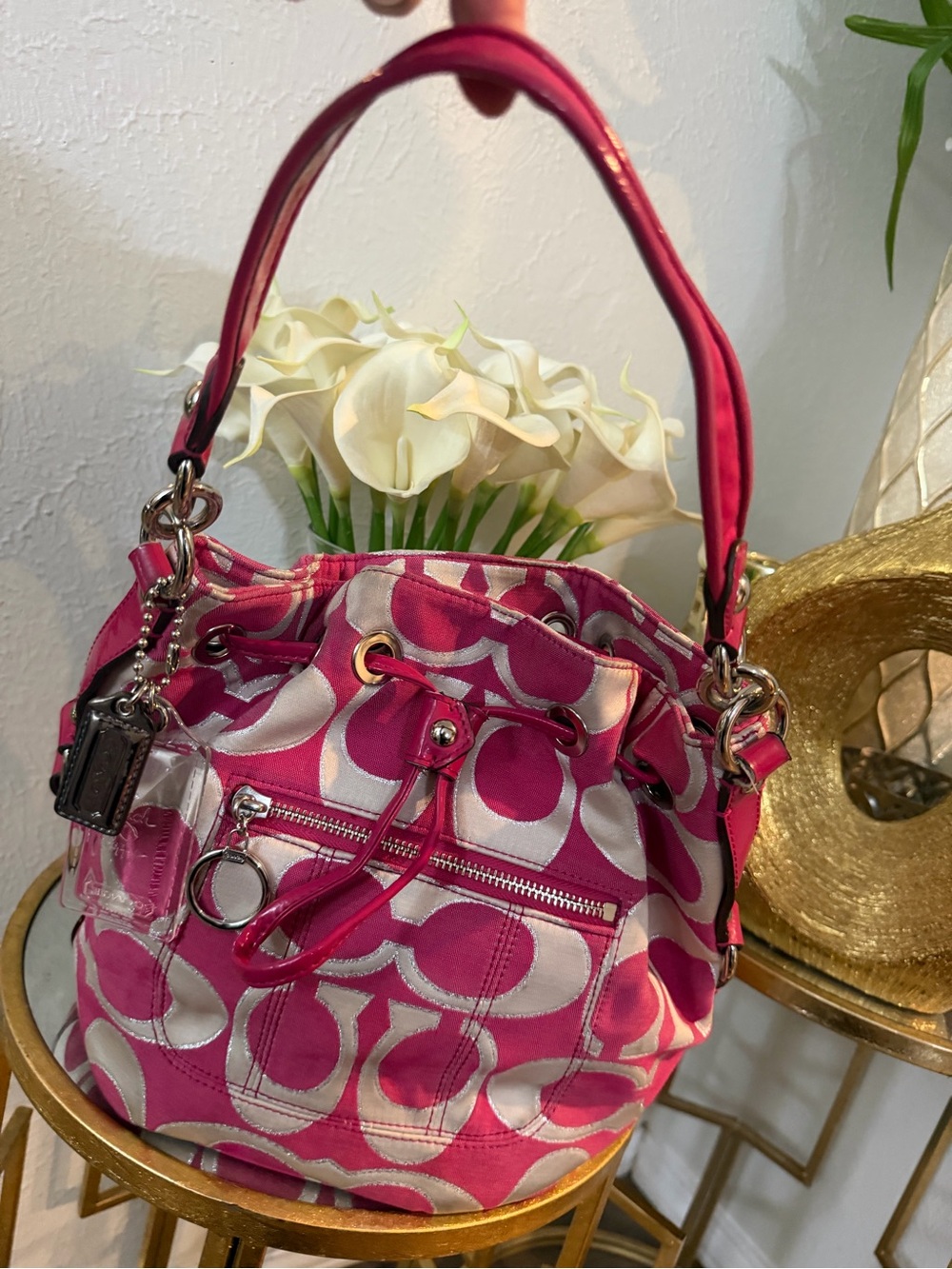 Authentic Coach Poppy Signature Lurex Cinch
Drawstring Bucket Bag